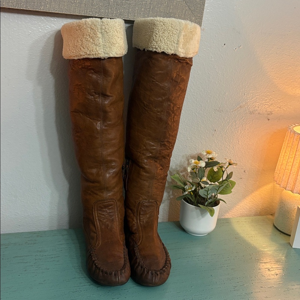 Brown Shearling-Lined Knee-High Doble Vida Boots SZ 36.5 EU box 109